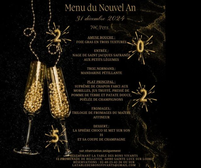 🎉 Quelle surprise, c’est encore le nouvel an !🥳 
Viens passer une soirée sympa avec nous 
Pour ça, juste à réserver ta table (au 0240254236) on s’occupe du reste 🥂🍾✨🎉 #soiree #nouvelan #restonantes #bonsmoments #menunouvelan